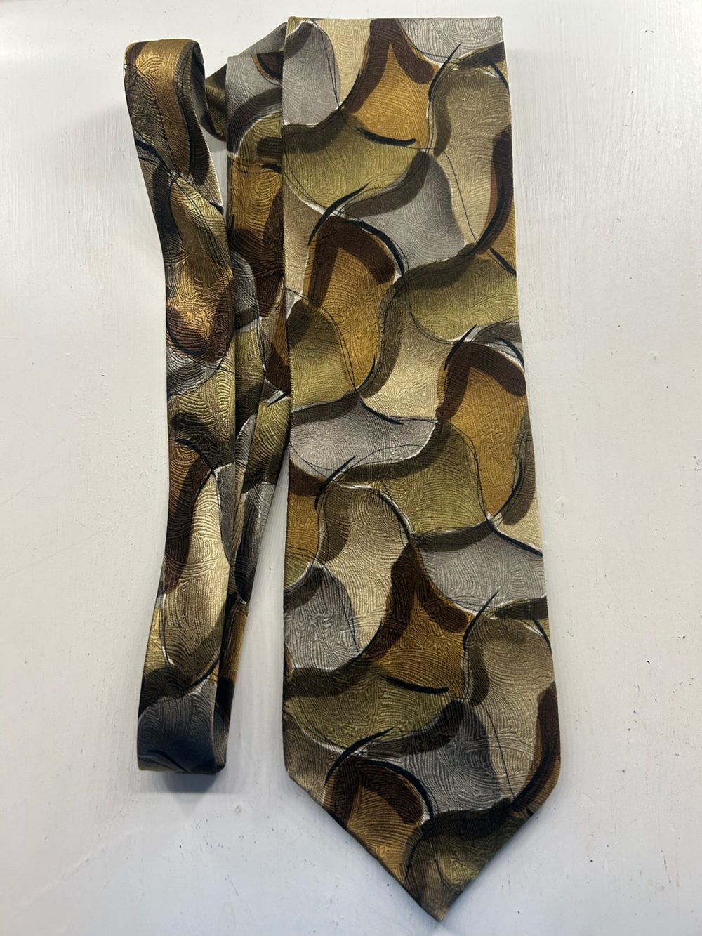 J. Garcia Olive, Gold and Brown Abstract Silk Tie, Lizard Board Collection